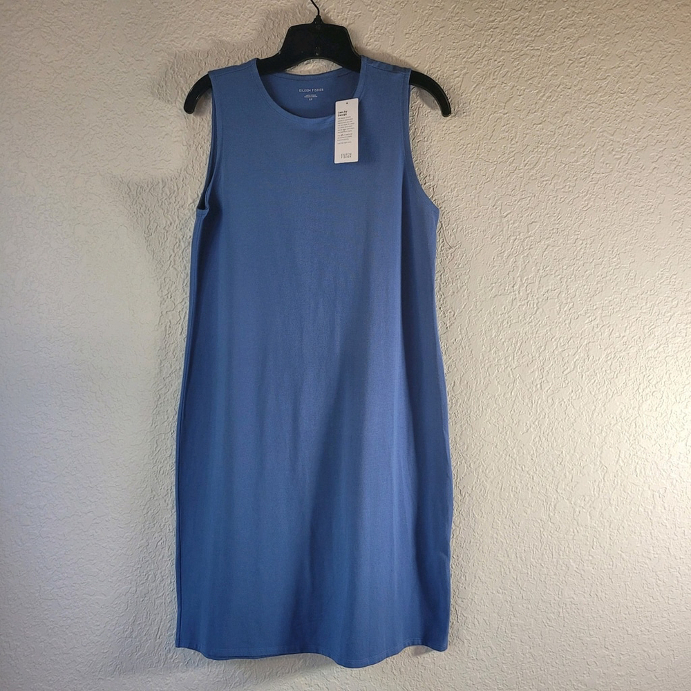 168$ Eileen Fisher Women's Organic Cotton Crew Neck Dress Blue Small Sleeveless. - Picture 3 of 13